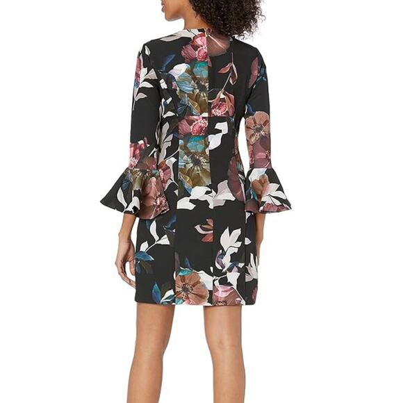 Trina Turk Panache 2 Faye Black Floral Flounce Bell Sleeve Cocktail Shift Dress - Picture 2 of 13